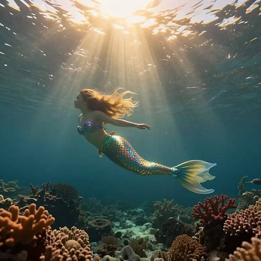 Photograph of a shimmering mermaid with flowing blonde hair, underwater, surrounded by colorful coral reefs, bathed in sunbeams from the surface