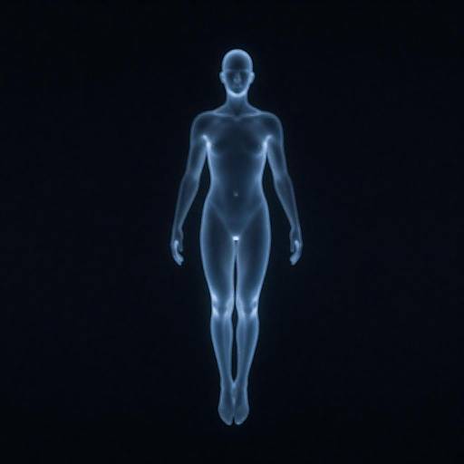 Translucent Blue Figure in Dark Space