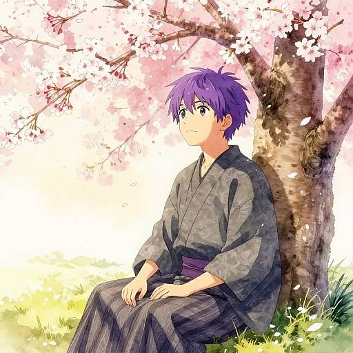 Anime-style digital drawing of a young man with purple hair, wearing a gray kimono, sitting under a cherry blossom tree, gazing forward. Spring