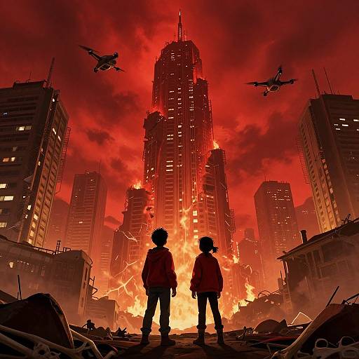 Digital artwork: Silhouetted children stand before a fiery, red-tinged skyscraper explosion, surrounded by falling debris and flying helicopters. The