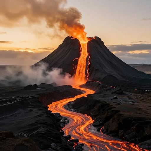 Photograph of a volcanic eruption at sunset, with glowing orange lava flowing down a black, cone-shaped volcano, emitting bright flames and smoke into the sky