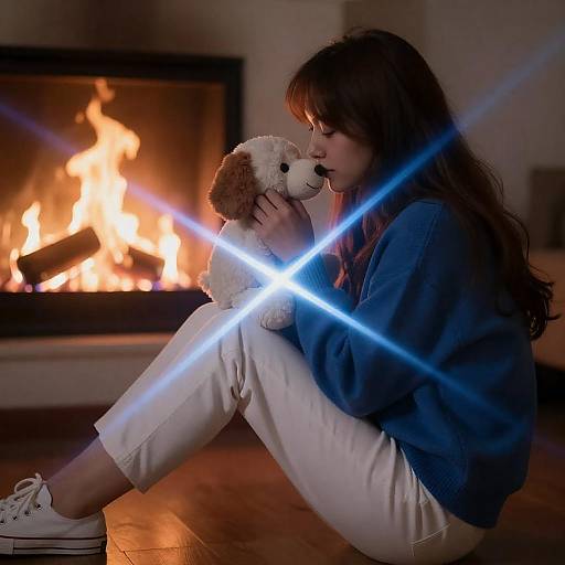 Plush Hug Amid Flames and Light Beams
