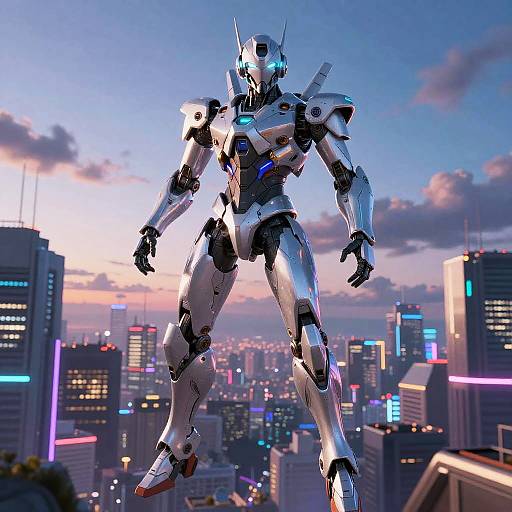 Digital artwork of a glowing white and blue robotic mecha soaring above a neon-lit, futuristic city skyline at sunset.