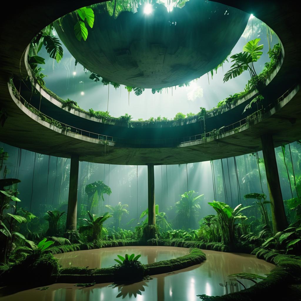 Underground Brutalist Dome Under Jungle Canopy