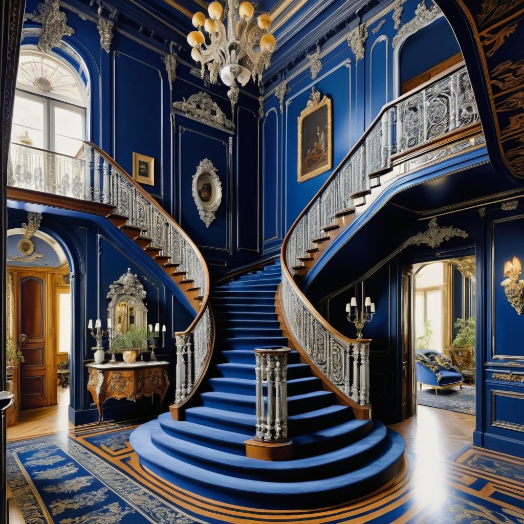 Elegant Deep Blue and Silver Staircase Art