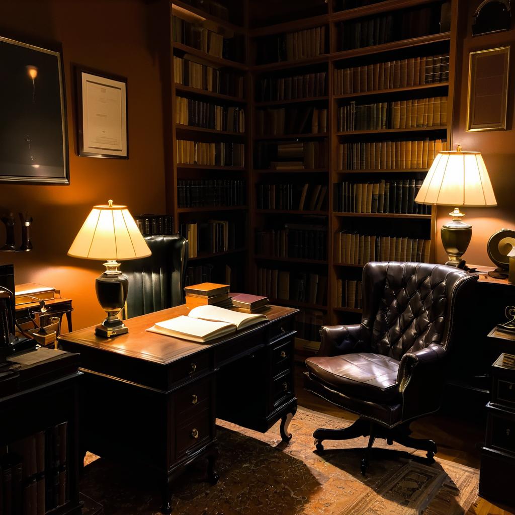 Cozy Nighttime Study with Desk and Armchair