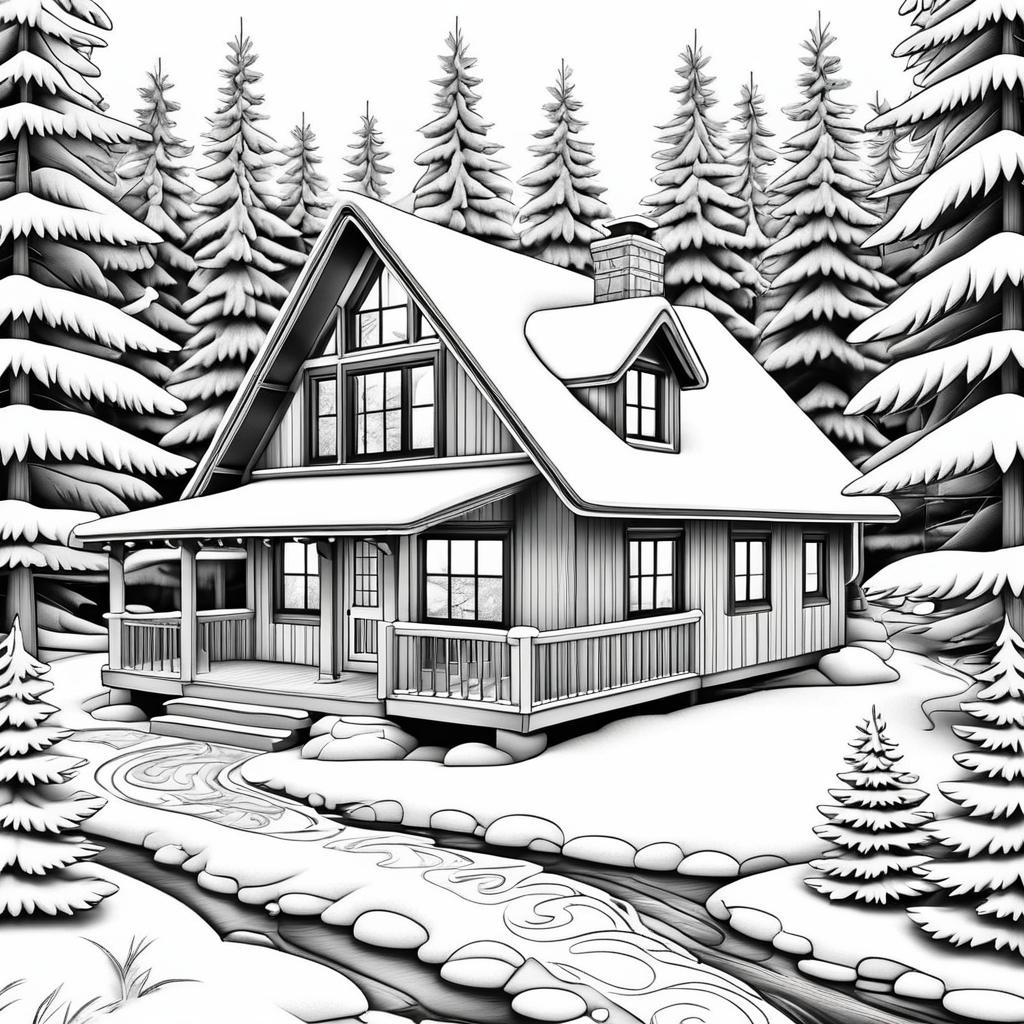 Cozy Cottage Coloring Page in Snowy Forest