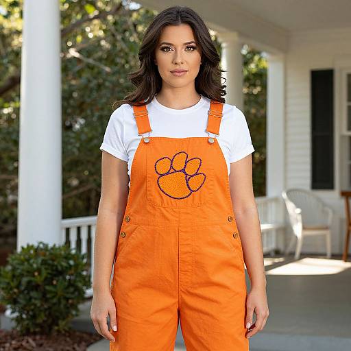 Photograph of a young woman with dark hair, wearing a white t-shirt and bright orange overalls with a paw print, standing on a sunlit