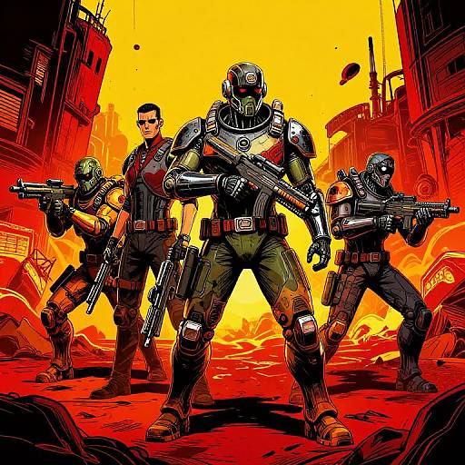 Digital comic-style artwork: Four armored, helmeted soldiers with guns stand in a fiery, ruined cityscape, front soldier center, others flanking.