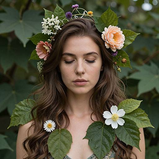 Photograph of a young woman with long brown hair, wearing a floral crown with roses, daisies, and leaves, eyes closed, against a