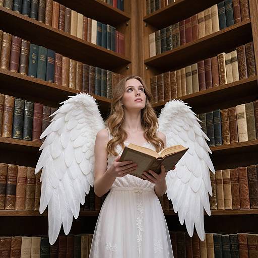 Photograph of a young woman with long brown hair, white feathered angel wings, and a white dress, reading a book in a wooden bookshelf