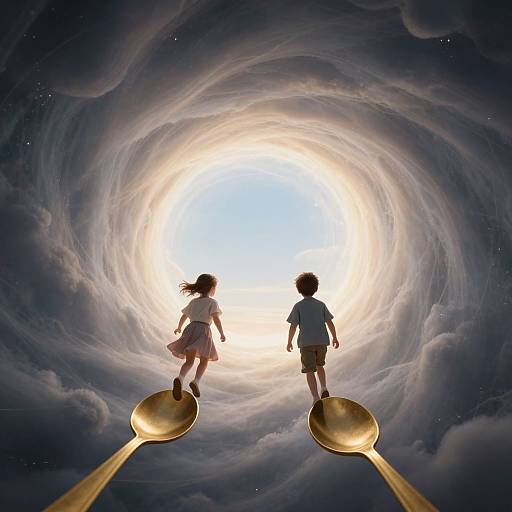 Digital artwork of a girl and boy, silhouetted, standing on giant spoons, soaring towards a bright, radiant skyhole surrounded by swirling