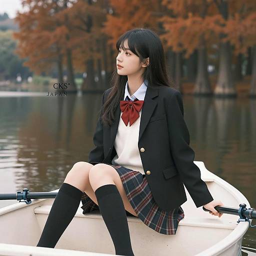 Asian Girl in Rowboat with Autumn Background