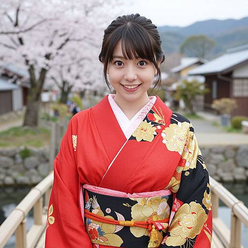 Photograph of a smiling Asian woman in a red and black floral kimono, standing on a wooden bridge, with cherry blossoms in the background.