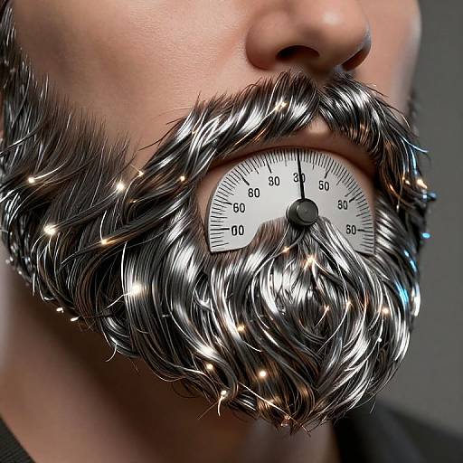 Photorealistic close-up of a bearded man's face with a metallic, sparkly beard replaced by a speedometer gauge, centered on his mouth