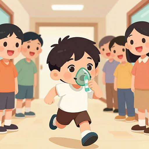 Happy Boy Running with Oxygen Mask