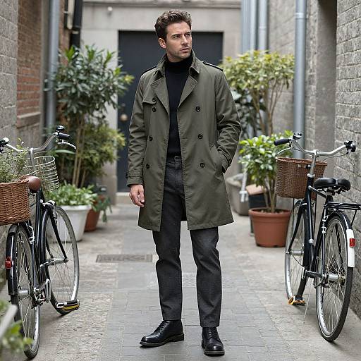 Photograph of a handsome man in a green trench coat, black turtleneck, and dark pants standing in a narrow, cobblestone alley with