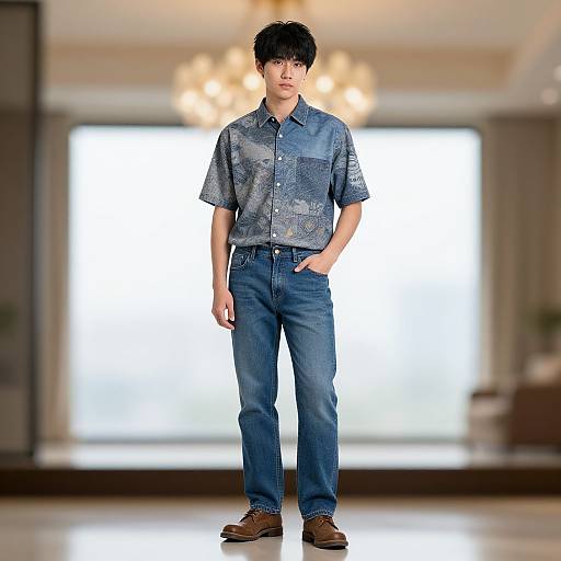 Photograph of an Asian man with short black hair, wearing a blue patterned shirt, blue jeans, and brown shoes, standing in a brightly lit