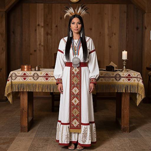 Photograph of a Native American woman in traditional white dress with red and gold patterns, feather headdress, standing in wooden room, candle and table with