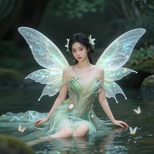 Digital artwork of an ethereal fairy with glowing, translucent wings, sitting in a forest stream, wearing a green, leafy dress, surrounded by flutter
