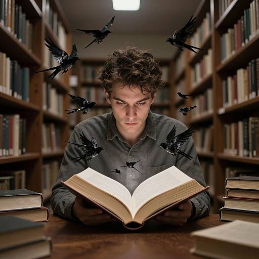 Photograph of a curly-haired man in a dark shirt, reading an open book in a library, surrounded by black silhouetted birds.