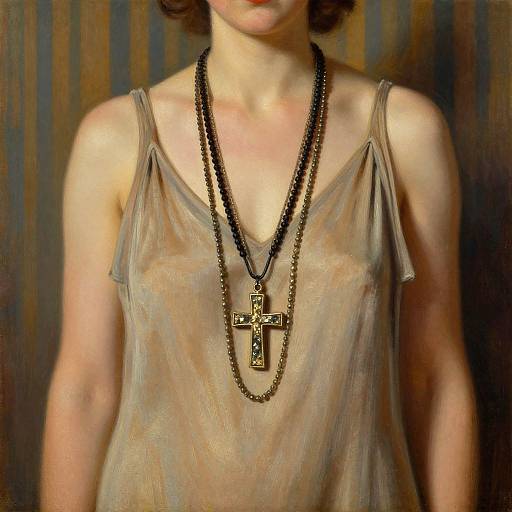 Photograph of a light-skinned woman wearing a sheer, beige tank top and black beaded necklace with a large, gold cross pendant, against a