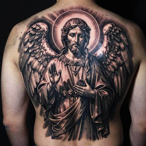 Hyper-Realistic Saint Symbol Back Tattoo