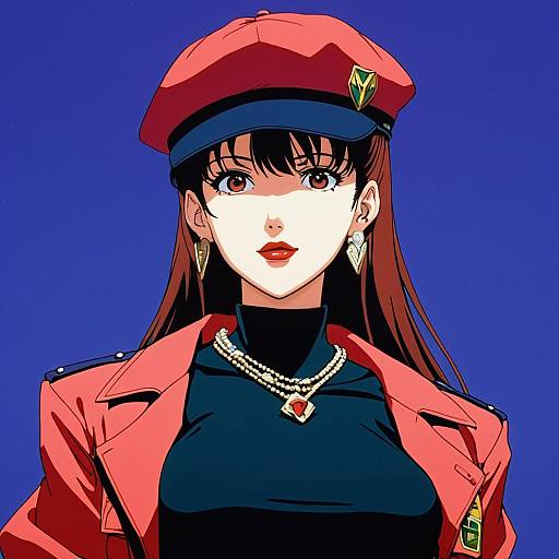 Digital anime-style portrait of a confident woman with long brown hair, red cap, red jacket, black top, and necklace, against a blue background.