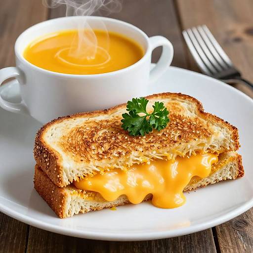 Photograph of grilled cheese sandwich with melted orange cheese, parsley garnish, and steaming bowl of orange soup on white plate.
