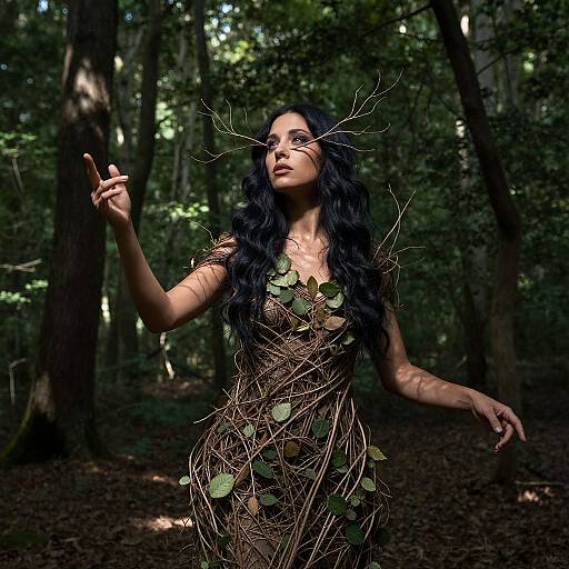 Photograph of a dark-haired woman in a forest, wearing a dress made of twigs and leaves, pointing upwards with a magical, ethereal aura