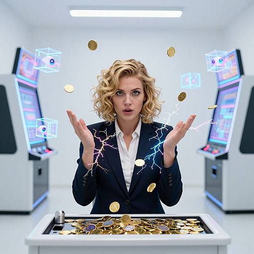 Photograph of a blonde woman in a black blazer, white shirt, with coins and lightening bolts floating around her, standing in front of two