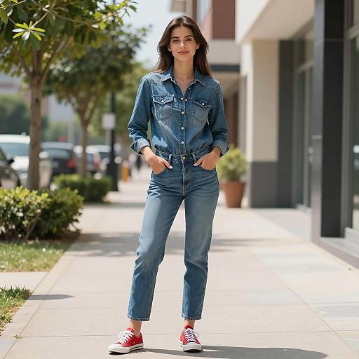 Young Woman in Denim Outfit Standing Outdoors