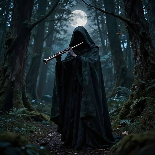 Mysterious figure in black hooded cloak, holding flute, stands in moonlit, misty forest with tall trees and ferns. Digital art.
