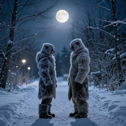Photograph of two people in furry, wolf-like costumes standing on a snowy path under a full moon in a winter forest.