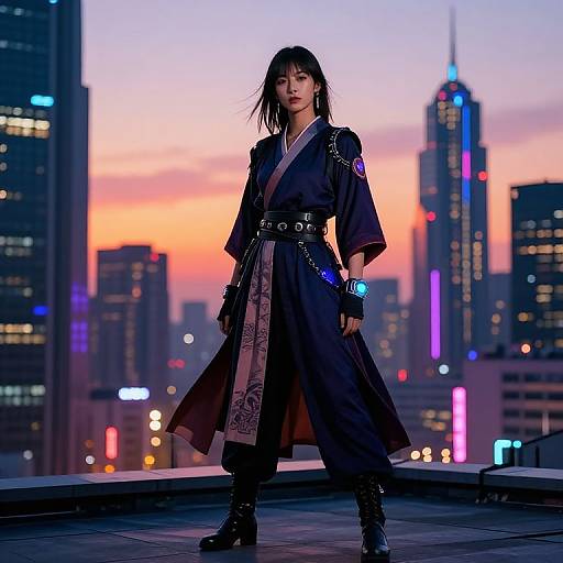 Digital artwork of a serious Asian woman in a dark, futuristic kimono with neon accents, standing on a rooftop at sunset against a city skyline with colorful