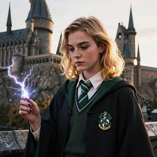 Young Woman Casting Spell in Slytherin Uniform