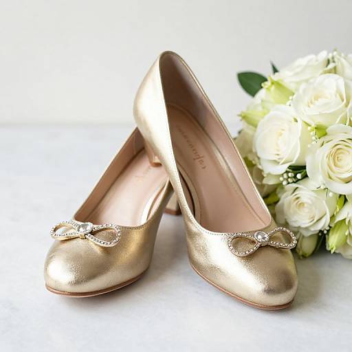 Elegant Gold Wedding Shoes and Bouquet