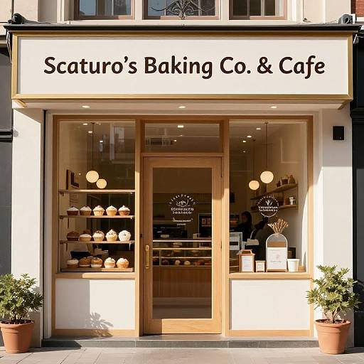 Photograph of a modern bakery and café storefront with a white sign reading 