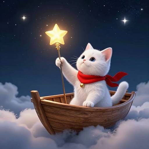 Digital illustration of a white kitten with a red scarf, holding a glowing star-topped staff, sailing a wooden boat on fluffy clouds under a starry