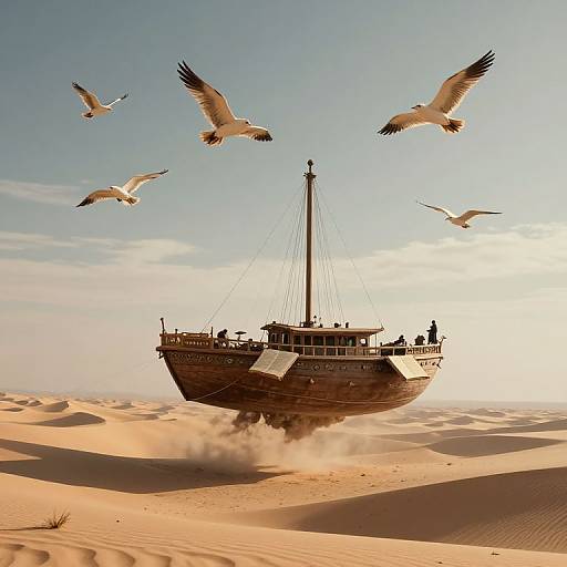 Photograph of an old wooden ship sailing over a golden desert with four white seagulls flying above, sunlight casting long shadows.
