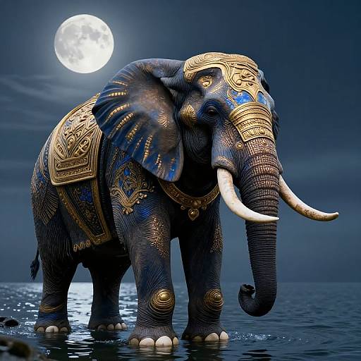Photorealistic digital art of a majestic, blue and gold-patterned elephant with white tusks standing in moonlit water, under a full moon.