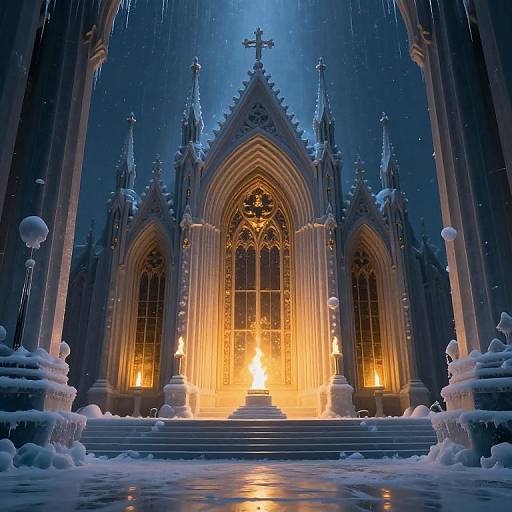 Photograph of a snow-covered Gothic cathedral at night, illuminated by warm, glowing lights from the entrance, with icicles hanging from the architecture.
