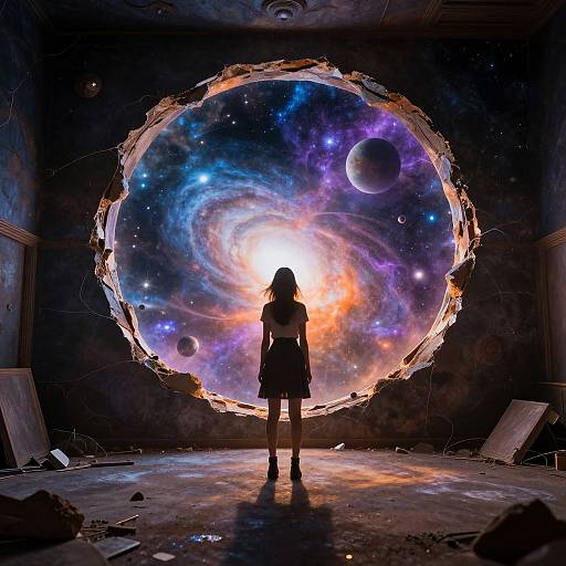 Silhouetted girl stands before a circular portal revealing a vibrant, starry galaxy with planets, in a dark, ruined room. Digital art.