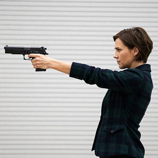 Serious Woman in Green Plaid Jacket