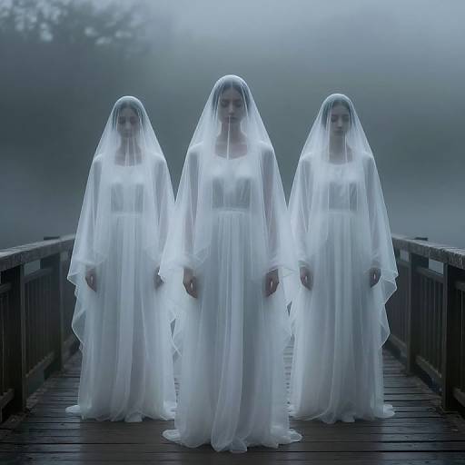 Ethereal Figures on Misty Bridge