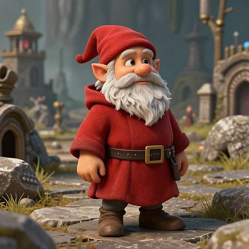CGI image of a chubby, cartoon elf with a red hat, white beard, and red cloak standing in a medieval graveyard.