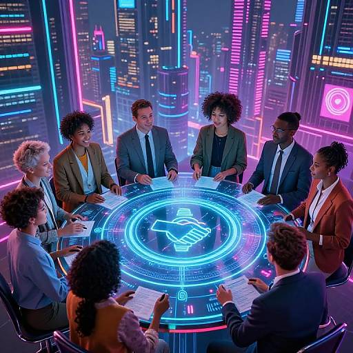 Photograph of diverse business professionals in suits around a glowing neon holographic table in a futuristic cityscape with neon lights.