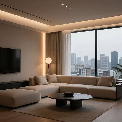 Modern living room photograph: beige sectional sofa, oval coffee table, large window with city skyline view, wall-mounted TV, soft lighting, minimalist decor.