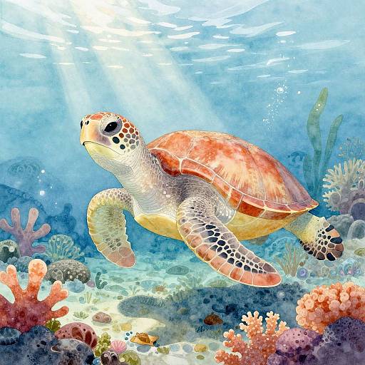Colorful digital illustration of a sea turtle gracefully swimming through a vibrant underwater coral reef, illuminated by sunlight filtering through the water.