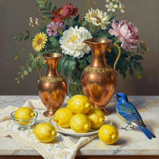 Still Life with Copper Vases, Lemons, and Bluebird